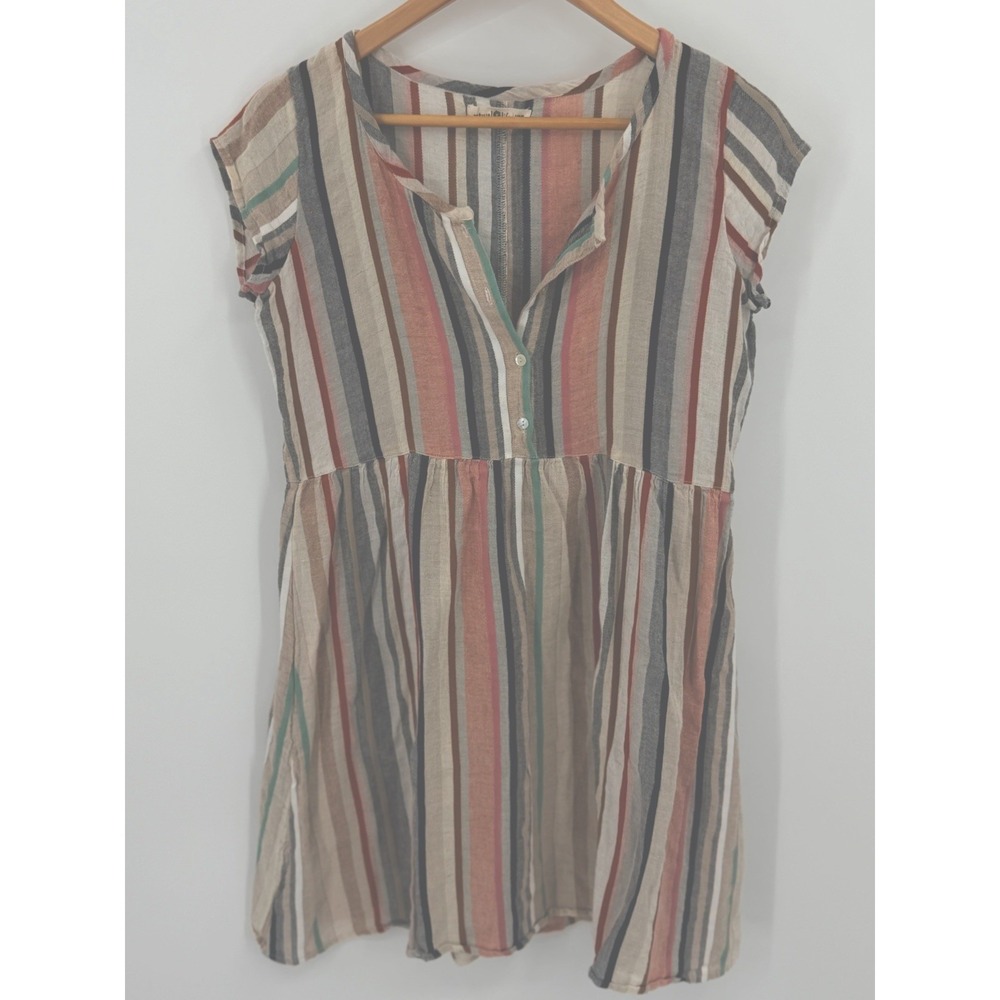 Natural Life Khaki Colorful Striped XS/S Mini Babydoll Dress Short Sleeve Airy